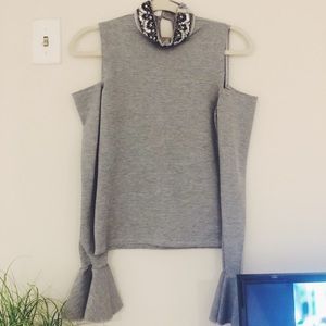 High neck beaded charcoal grey blouse